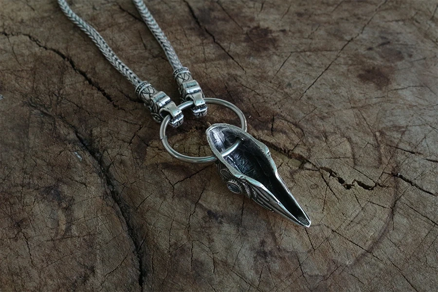 Viking raven head pendant norse jewelry men necklace with wolf head chain norse odin raven Crow pendant