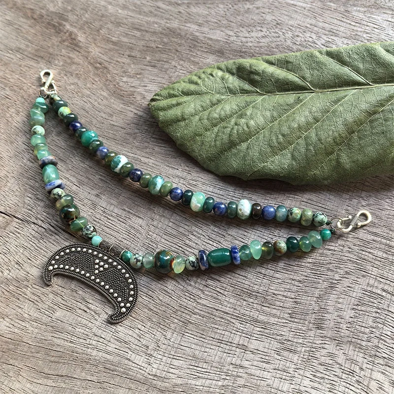 2 Rows Retro Green Layered Classic Brooch Chain With Green Onyx,Viking Jewellery,Celtic Jewellery,Tribal Jewelry,Unique Gift