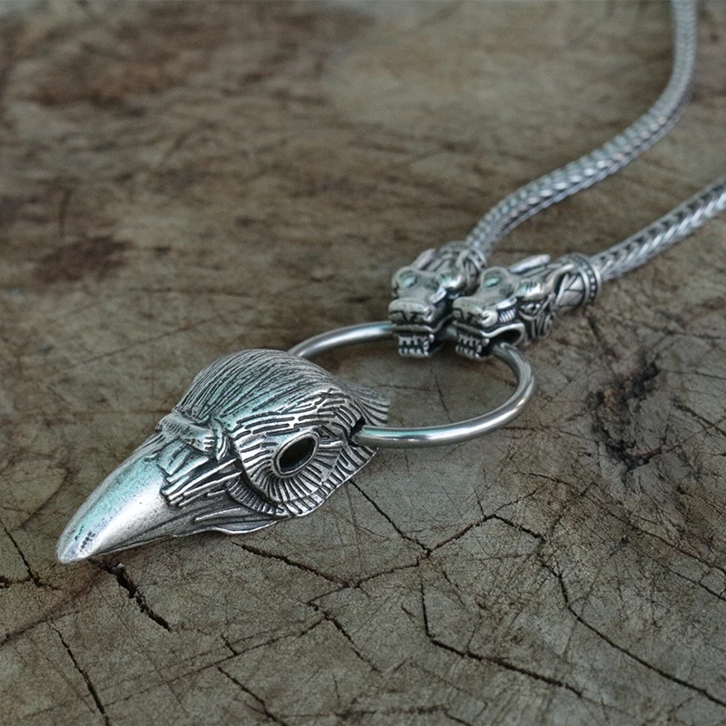 Viking raven head pendant norse jewelry men necklace with wolf head chain norse odin raven Crow pendant