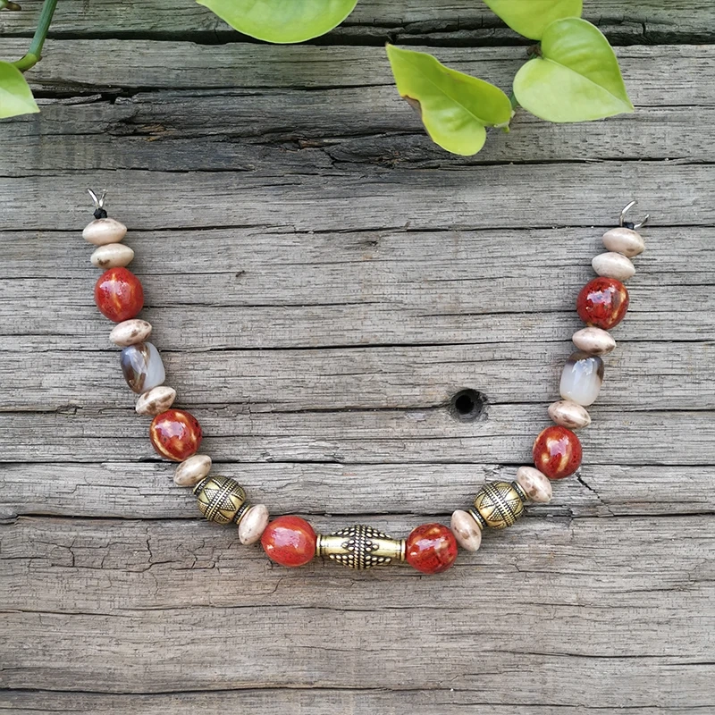 Ethnic Necklace 10mm Stone Beads,Red Onyx,Ceramic Bead,Moon Pendant,Unique Ethnic Jewelry,Bronze Ethnic Set Jewelry Gift For You