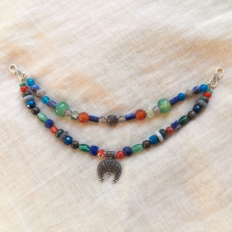2 Rows Retro Lapis Layered Classic Brooch Chain With Green Onyx,Viking Necklace,Celtic Jewelry,Tribal Jewelry Blue Gift For You