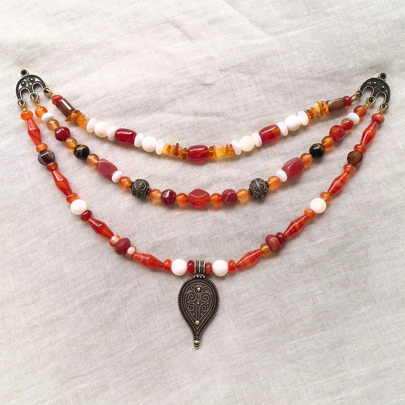 3 Rows Retro Red Onyx Layered Classic Brooch Chain With Shell Pearl Beads,Viking Necklace,Celtic Jewelry,Tribal Jewelry Gift