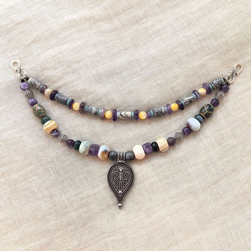2 Rows Retro Amethyst Layered Classic Brooch Chain With Shell Pearl,Jade,Viking Beads,Viking Necklace,Tribal Jewelry Gift
