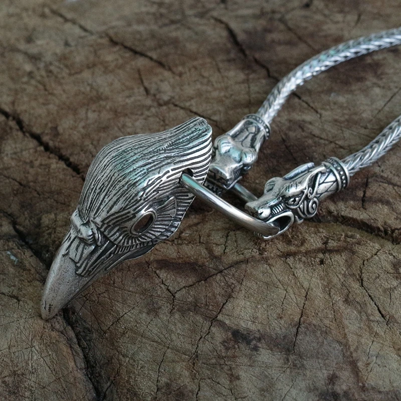 Viking raven head pendant norse jewelry men necklace with wolf head chain norse odin raven Crow pendant