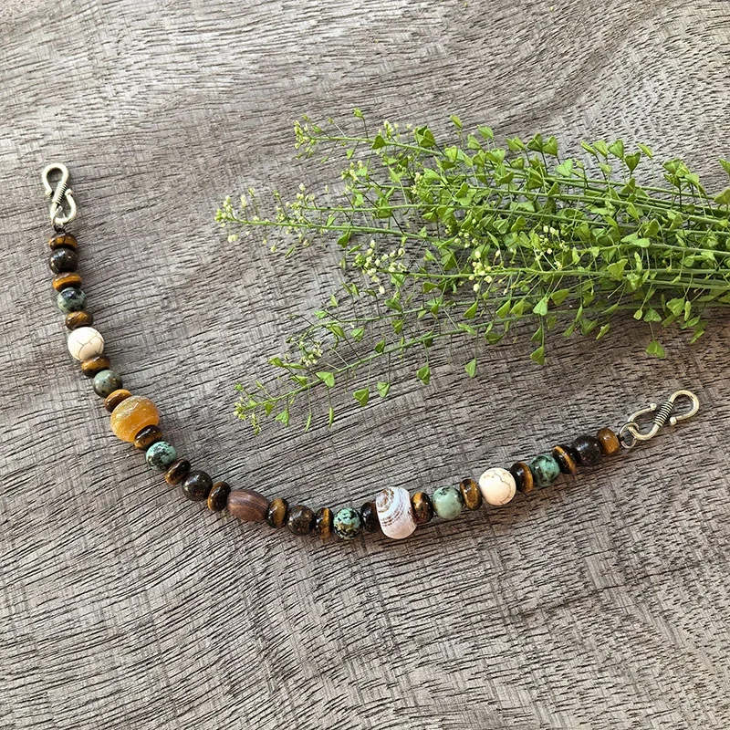 2 Rows Retro African Turquoise Layered Classic Brooch Chain With Tigers Eye,Viking Necklace,Celtic Jewelry,Tribal Jewelry Gift