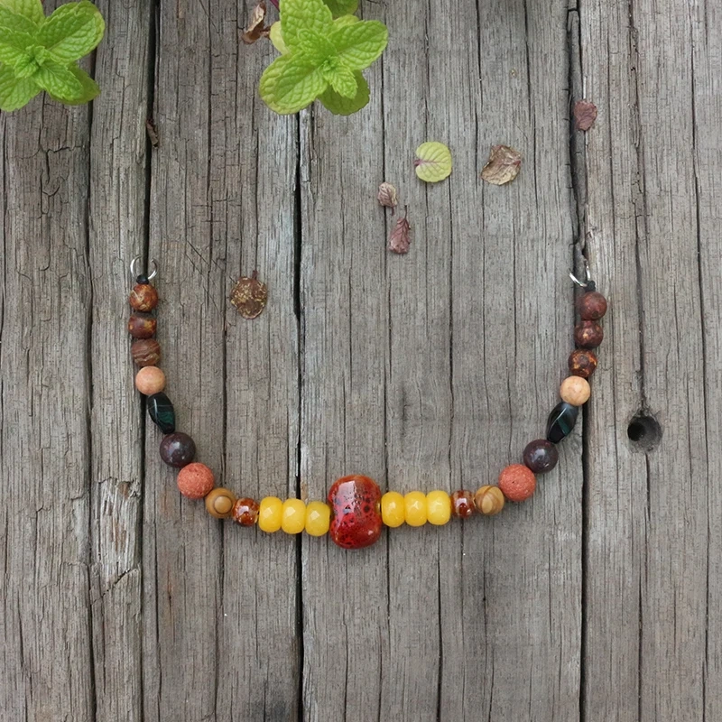 Viking Ethnic Jewelry, Moon, Natural Stones,Antique Onyx,Red Lava,Unique Ceramic Beads,Beautiful Ethnic Brooch Necklace,Handmade