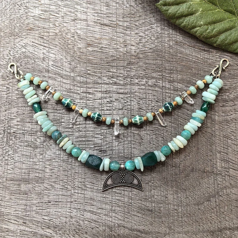 2 Rows Retro Viking Apron Brooches With Amazonite Stone,Crystal,Viking Necklace,Celtic Jewellery,Tribal Jewelry Gift For You