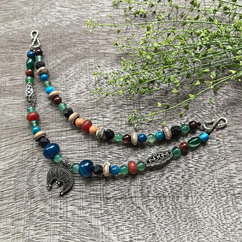 2 Rows Retro Mix Onyx Layered Classic Brooch Chain With Moon Pendant,Viking Necklace,Celtic Jewelry,Tribal Jewelry Gift You