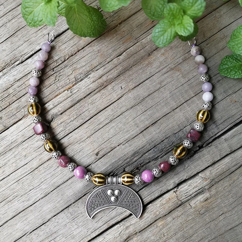 3 Row Viking Brooch Chain With Lilac And Amethyst Stone Beads,Moon,Unique Ethnic Jewelry,Norse Apron Chain,Viking Jewelry Gift