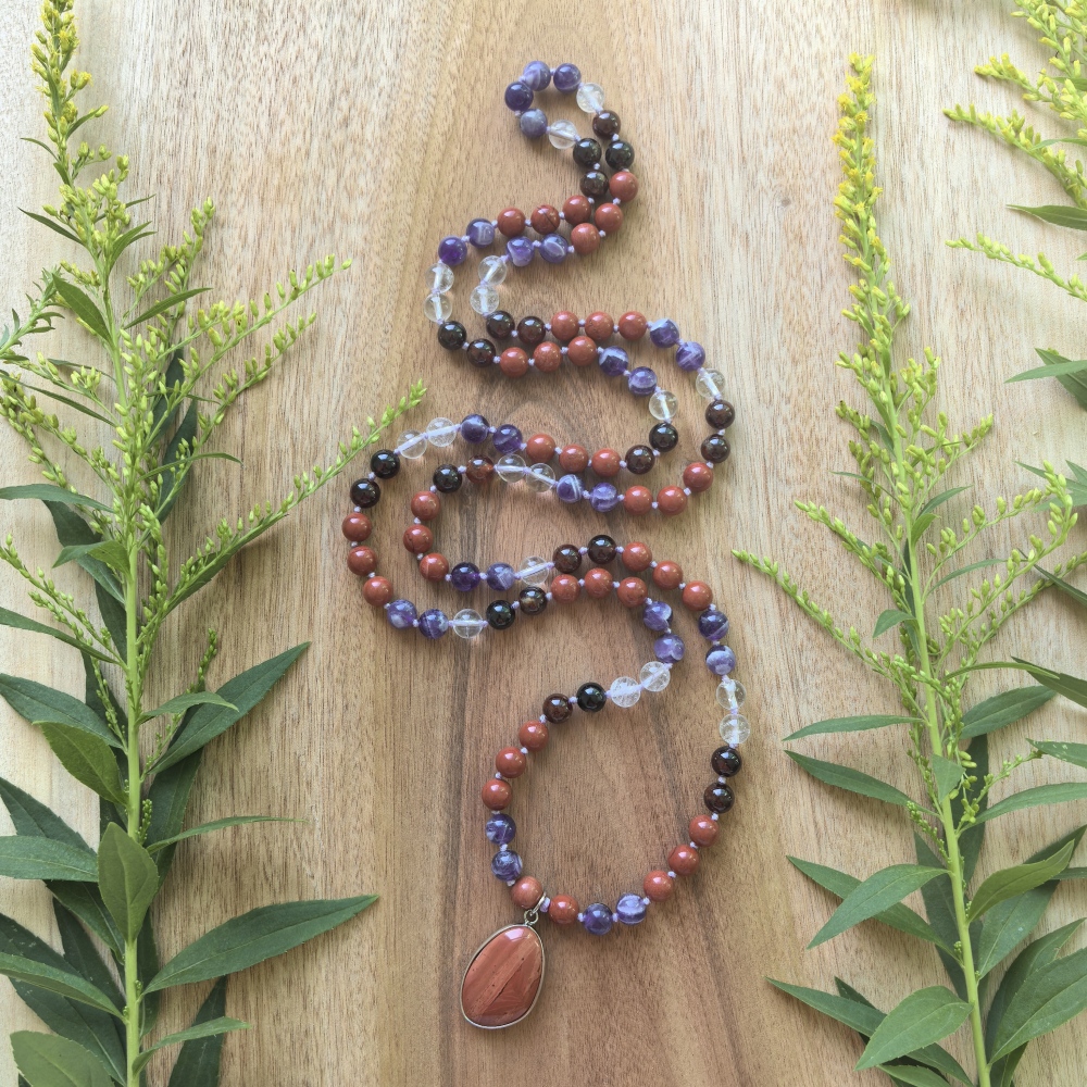 Dream Amethyst + Orange Garnet + White Crystal Mala + Red Jasper Pendant - 108 Hand Knotted Mala Beads - Meditation Necklace - Healing Crystals - Yoga Jewelry - Grounding Gift
