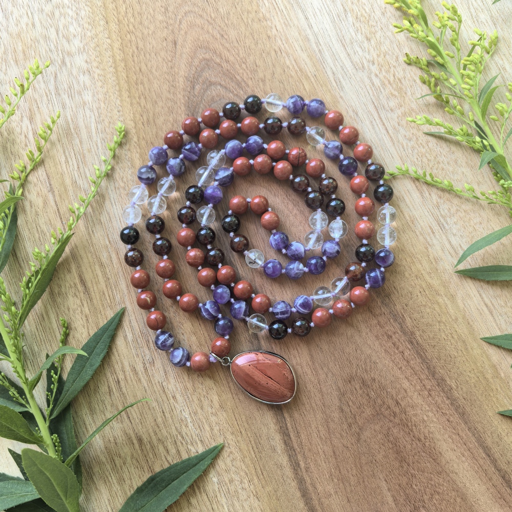 Dream Amethyst + Orange Garnet + White Crystal Mala + Red Jasper Pendant - 108 Hand Knotted Mala Beads - Meditation Necklace - Healing Crystals - Yoga Jewelry - Grounding Gift