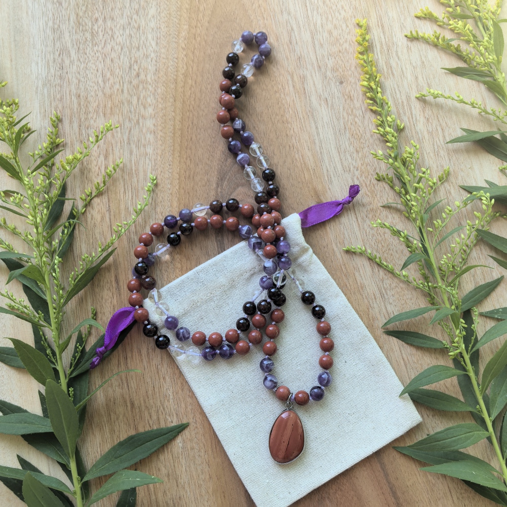 Dream Amethyst + Orange Garnet + White Crystal Mala + Red Jasper Pendant - 108 Hand Knotted Mala Beads - Meditation Necklace - Healing Crystals - Yoga Jewelry - Grounding Gift