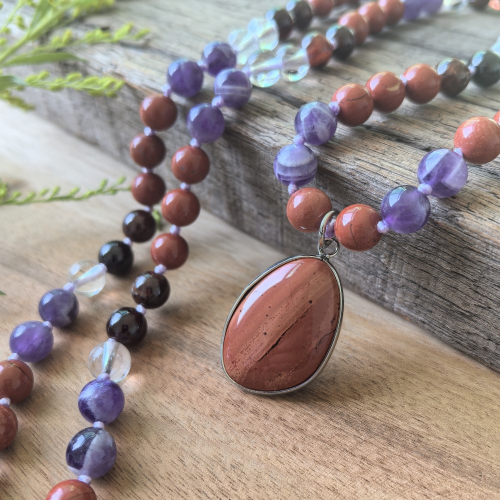 Dream Amethyst + Orange Garnet + White Crystal Mala + Red Jasper Pendant - 108 Hand Knotted Mala Beads - Meditation Necklace - Healing Crystals - Yoga Jewelry - Grounding Gift