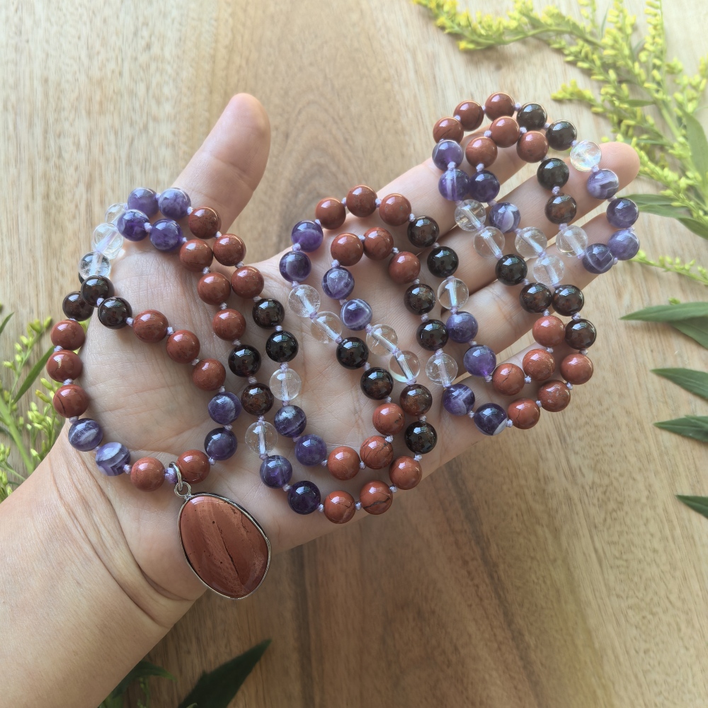 Dream Amethyst + Orange Garnet + White Crystal Mala + Red Jasper Pendant - 108 Hand Knotted Mala Beads - Meditation Necklace - Healing Crystals - Yoga Jewelry - Grounding Gift