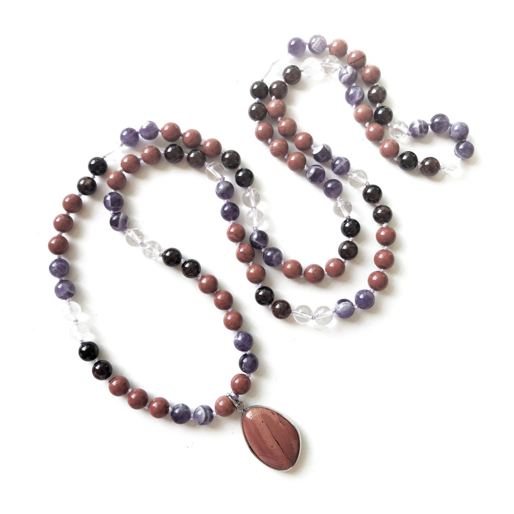 Dream Amethyst + Orange Garnet + White Crystal Mala + Red Jasper Pendant - 108 Hand Knotted Mala Beads - Meditation Necklace - Healing Crystals - Yoga Jewelry - Grounding Gift