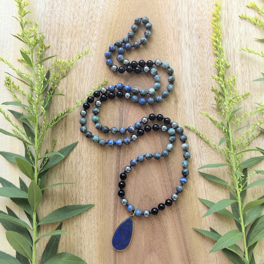 Terahertz + Green Iron pyrite + Black Onyx Mala + Lapis Lazuli Pendant - 108 Hand Knotted Mala Beads - Meditation Necklace - Healing Crystals - Yoga Jewelry - Grounding Gift