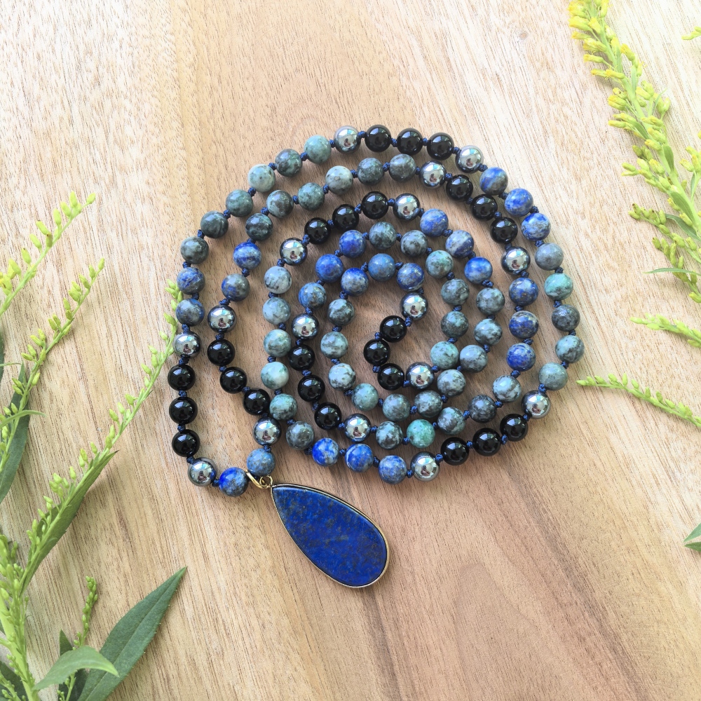 Terahertz + Green Iron pyrite + Black Onyx Mala + Lapis Lazuli Pendant - 108 Hand Knotted Mala Beads - Meditation Necklace - Healing Crystals - Yoga Jewelry - Grounding Gift