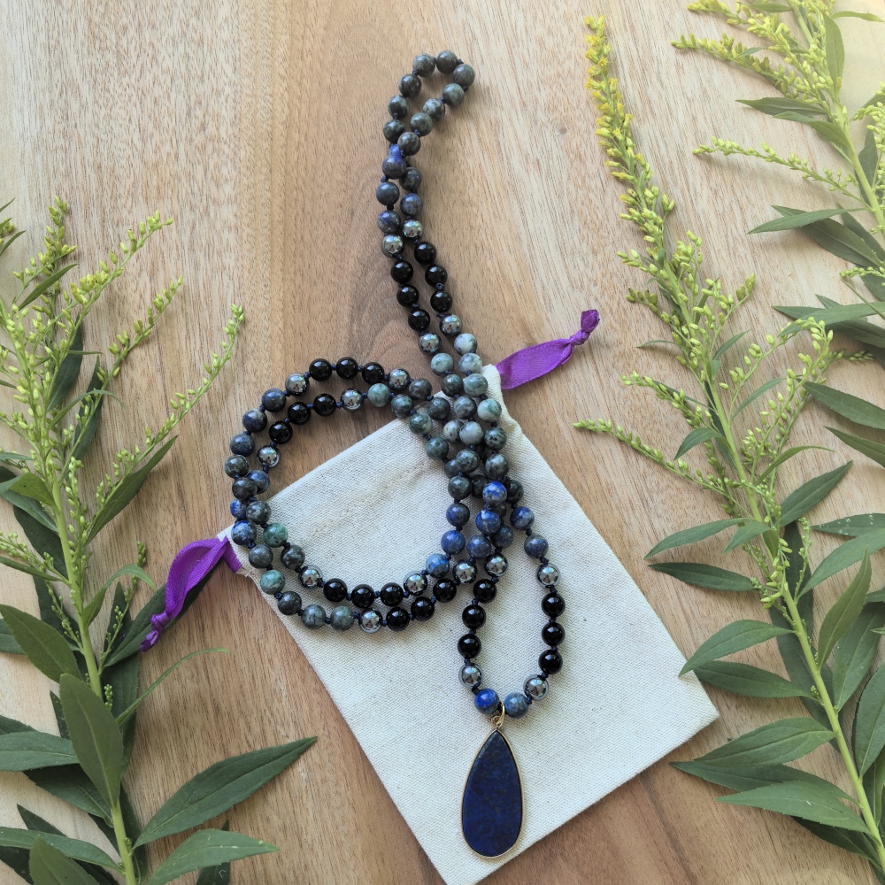 Terahertz + Green Iron pyrite + Black Onyx Mala + Lapis Lazuli Pendant - 108 Hand Knotted Mala Beads - Meditation Necklace - Healing Crystals - Yoga Jewelry - Grounding Gift
