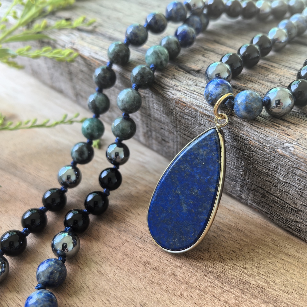 Terahertz + Green Iron pyrite + Black Onyx Mala + Lapis Lazuli Pendant - 108 Hand Knotted Mala Beads - Meditation Necklace - Healing Crystals - Yoga Jewelry - Grounding Gift