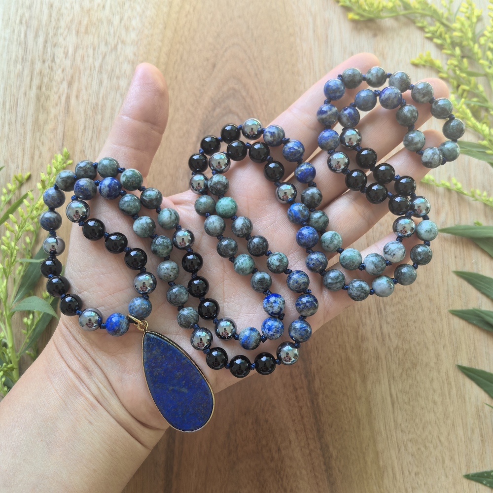 Terahertz + Green Iron pyrite + Black Onyx Mala + Lapis Lazuli Pendant - 108 Hand Knotted Mala Beads - Meditation Necklace - Healing Crystals - Yoga Jewelry - Grounding Gift