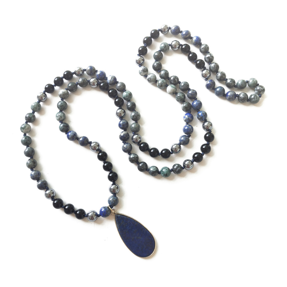 Terahertz + Green Iron pyrite + Black Onyx Mala + Lapis Lazuli Pendant - 108 Hand Knotted Mala Beads - Meditation Necklace - Healing Crystals - Yoga Jewelry - Grounding Gift