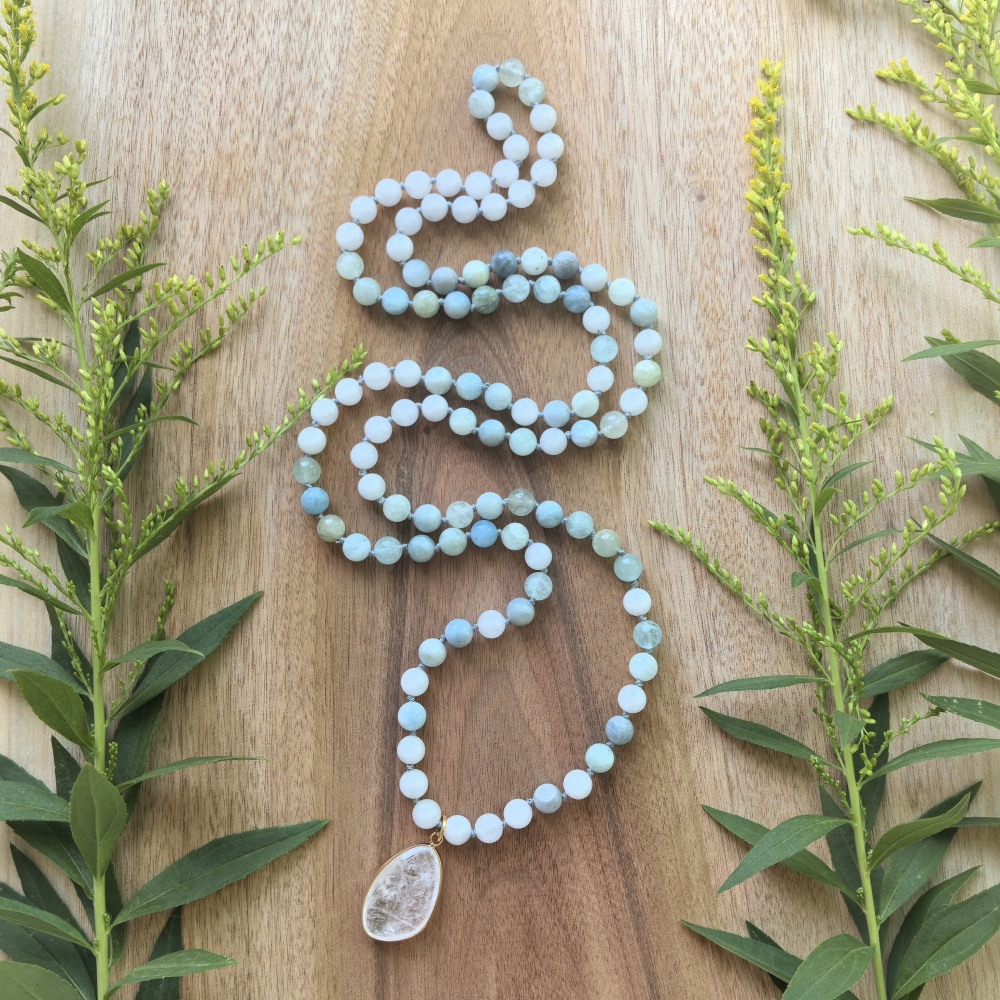 White Quartz + Dreamy Aquamarine Mala + Deep Amethyst Pendant - 108 Hand Knotted Mala Beads - Meditation Necklace - Healing Crystals - Yoga Jewelry - Grounding Gift