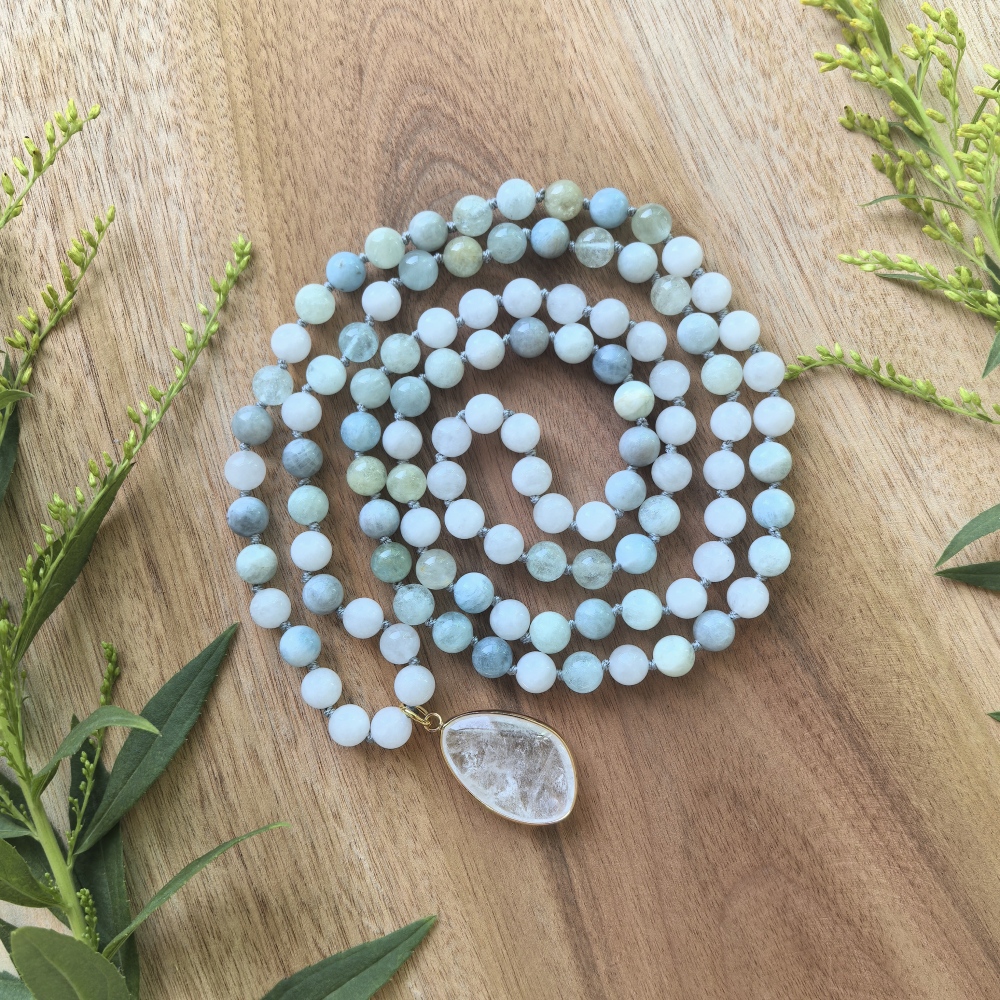 White Quartz + Dreamy Aquamarine Mala + Deep Amethyst Pendant - 108 Hand Knotted Mala Beads - Meditation Necklace - Healing Crystals - Yoga Jewelry - Grounding Gift