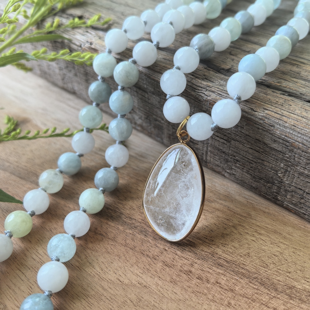 White Quartz + Dreamy Aquamarine Mala + Deep Amethyst Pendant - 108 Hand Knotted Mala Beads - Meditation Necklace - Healing Crystals - Yoga Jewelry - Grounding Gift