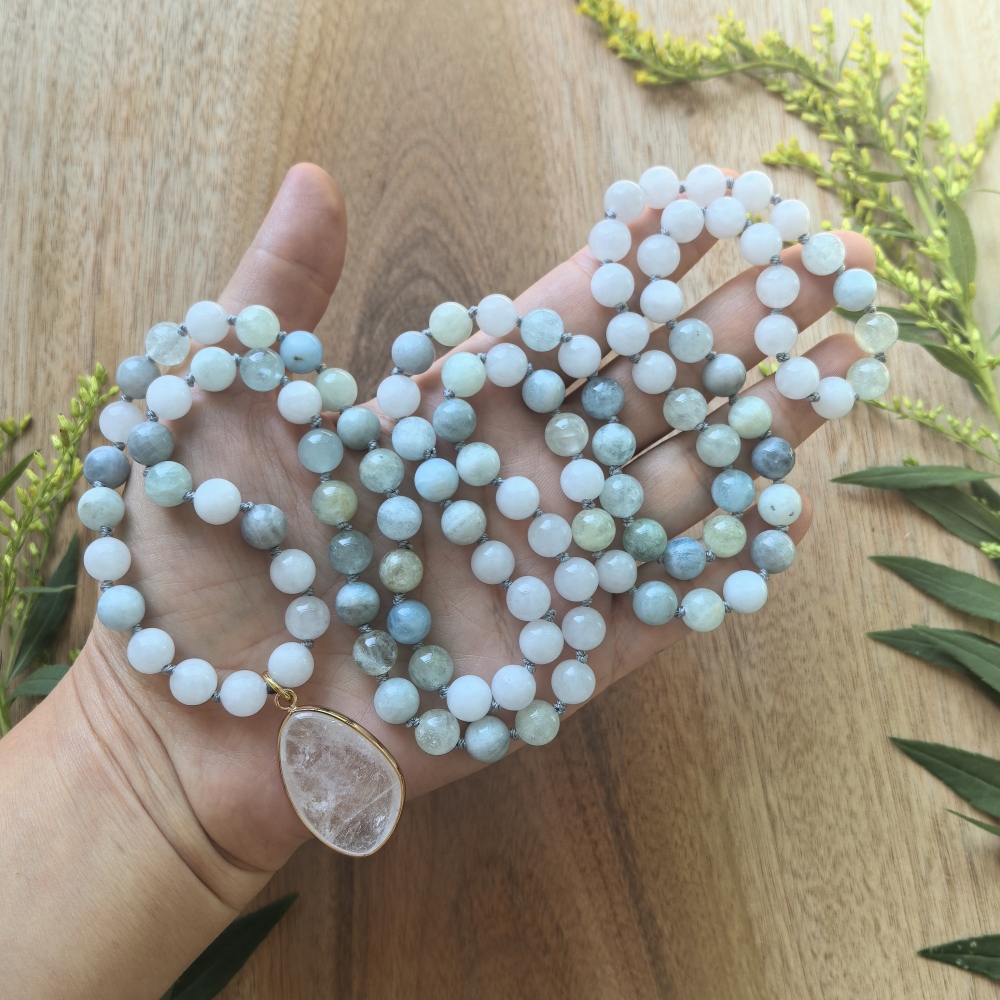White Quartz + Dreamy Aquamarine Mala + Deep Amethyst Pendant - 108 Hand Knotted Mala Beads - Meditation Necklace - Healing Crystals - Yoga Jewelry - Grounding Gift