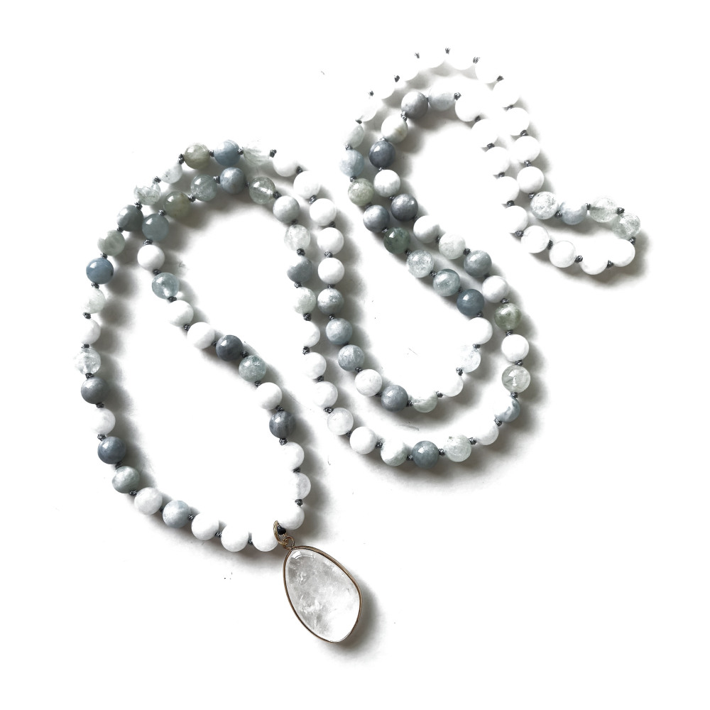 White Quartz + Dreamy Aquamarine Mala + Deep Amethyst Pendant - 108 Hand Knotted Mala Beads - Meditation Necklace - Healing Crystals - Yoga Jewelry - Grounding Gift