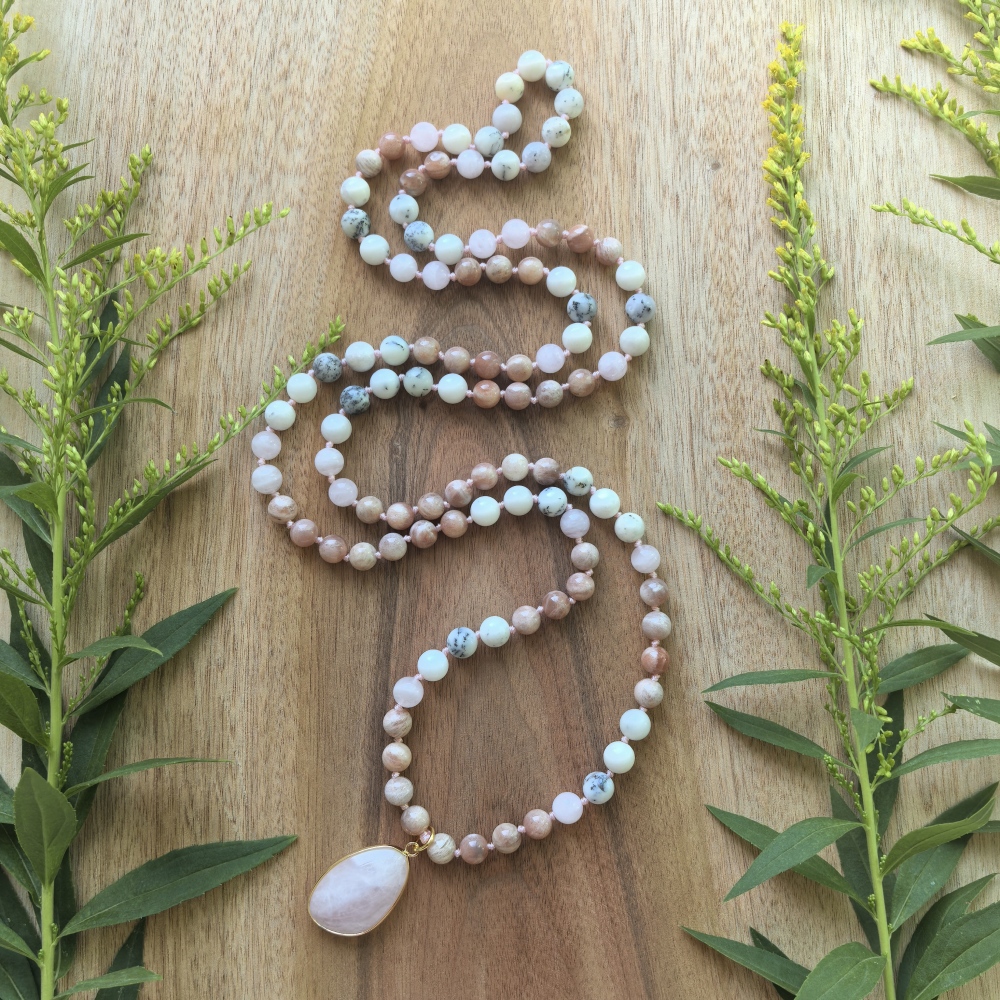 Sunstone + Madagascar Rose Quartz + White Opal Mala + Rose Quartz Pendant - 108 Hand Knotted Mala Beads - Meditation Necklace - Healing Crystals - Yoga Jewelry - Grounding Gift