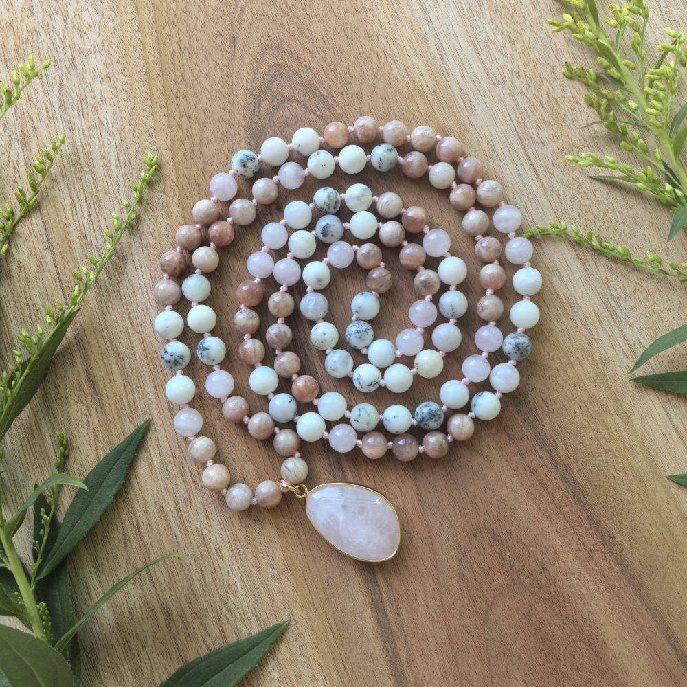 Sunstone + Madagascar Rose Quartz + White Opal Mala + Rose Quartz Pendant - 108 Hand Knotted Mala Beads - Meditation Necklace - Healing Crystals - Yoga Jewelry - Grounding Gift