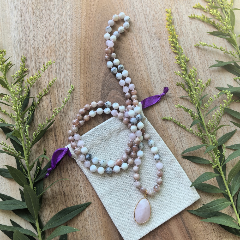 Sunstone + Madagascar Rose Quartz + White Opal Mala + Rose Quartz Pendant - 108 Hand Knotted Mala Beads - Meditation Necklace - Healing Crystals - Yoga Jewelry - Grounding Gift