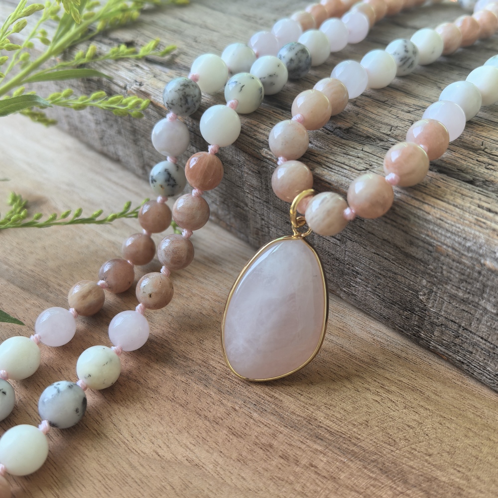 Sunstone + Madagascar Rose Quartz + White Opal Mala + Rose Quartz Pendant - 108 Hand Knotted Mala Beads - Meditation Necklace - Healing Crystals - Yoga Jewelry - Grounding Gift