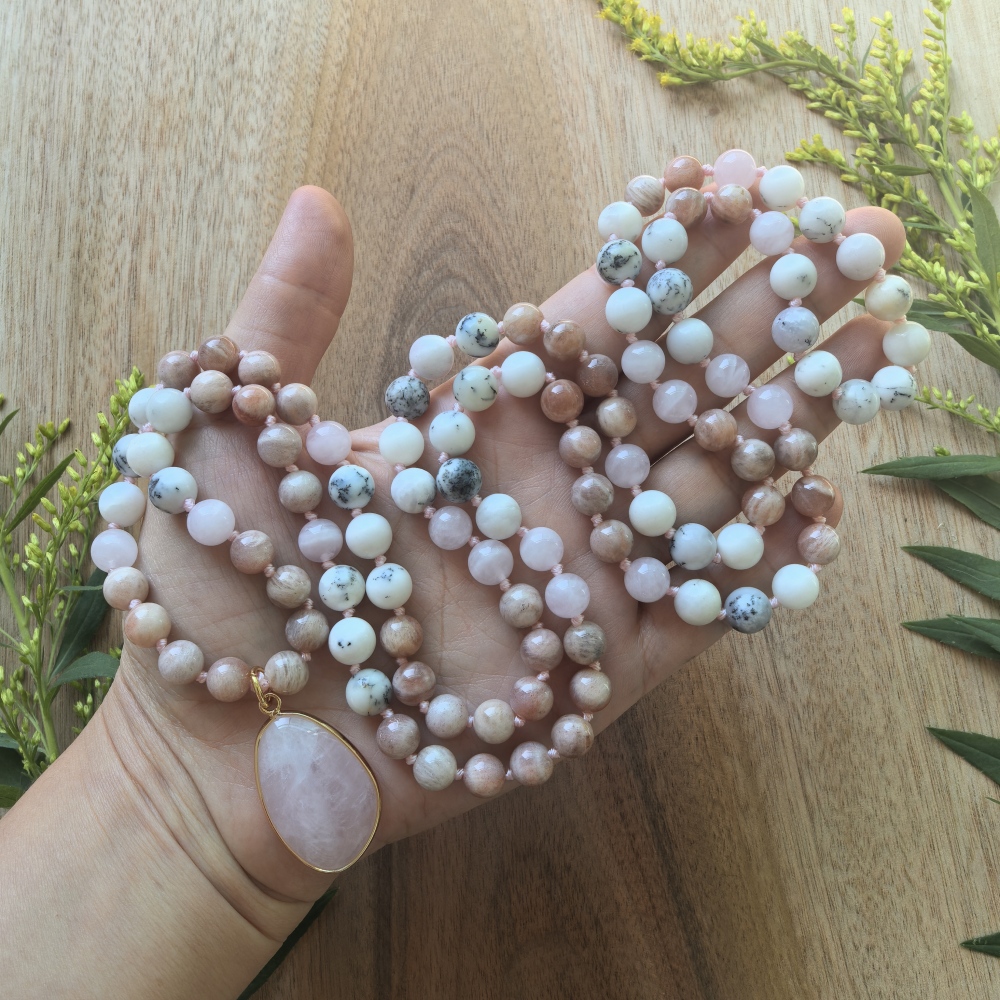 Sunstone + Madagascar Rose Quartz + White Opal Mala + Rose Quartz Pendant - 108 Hand Knotted Mala Beads - Meditation Necklace - Healing Crystals - Yoga Jewelry - Grounding Gift