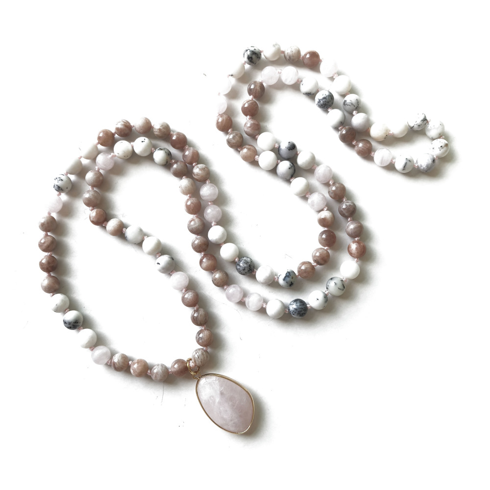 Sunstone + Madagascar Rose Quartz + White Opal Mala + Rose Quartz Pendant - 108 Hand Knotted Mala Beads - Meditation Necklace - Healing Crystals - Yoga Jewelry - Grounding Gift