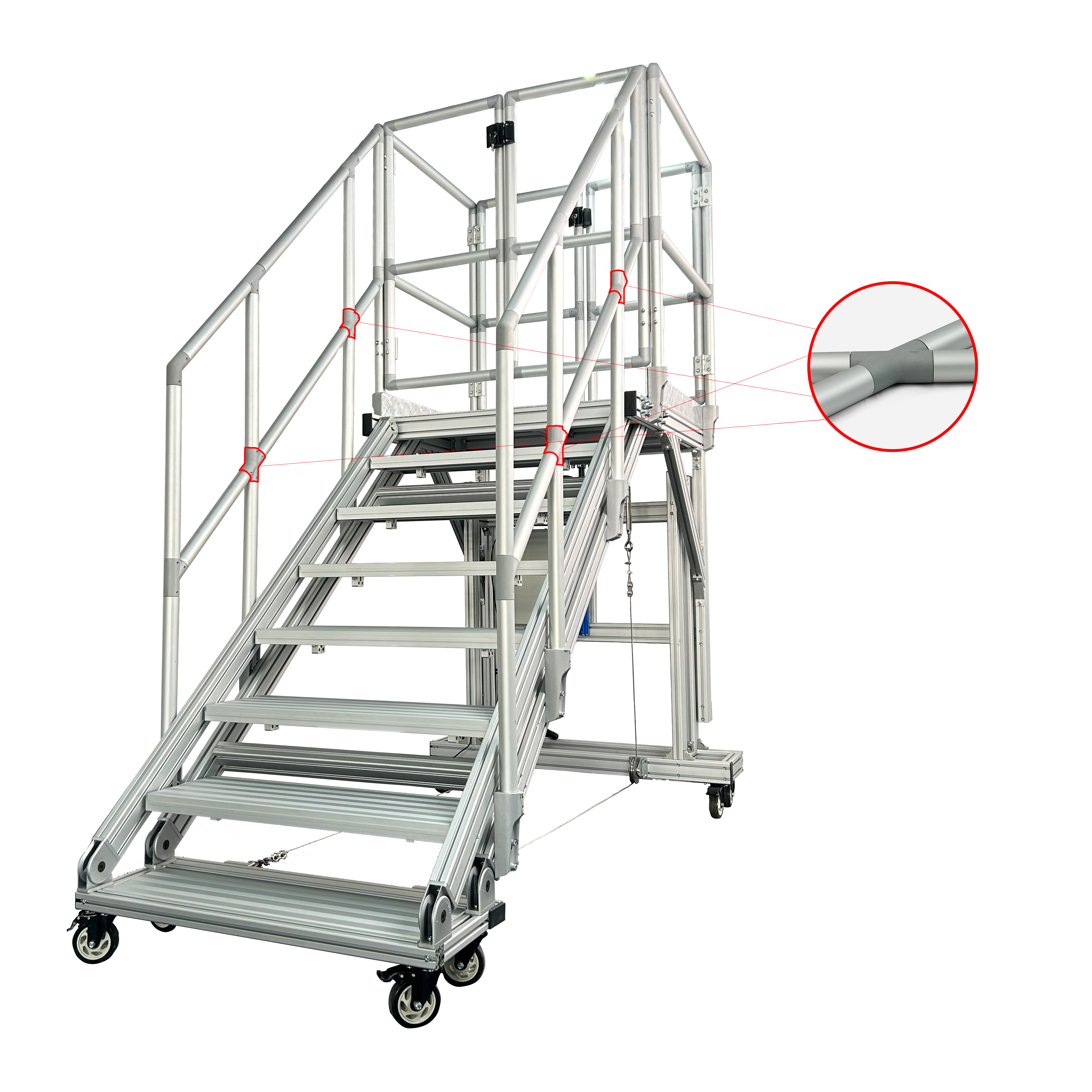 Industrial aluminum stair platform with modular handrail and X-type tube connector for safety railing system