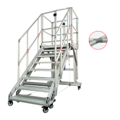 Industrial aluminum stair platform with modular handrail and X-type tube connector for safety railing system