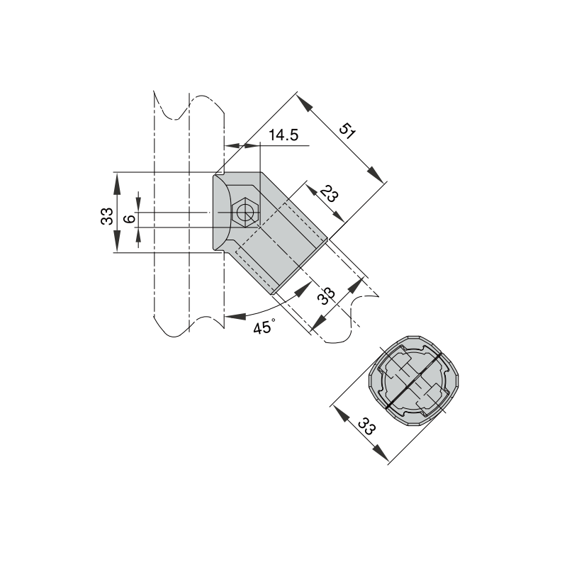 45 degree aluminum outer connector technical drawing and dimensions