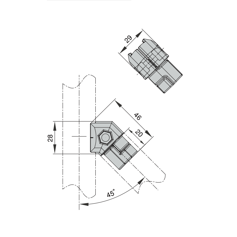 45° Multi-connector Inner Type R Bolt,45 Degree Inner Connector for Lean Pipe System | Aluminum Alloy Fitting