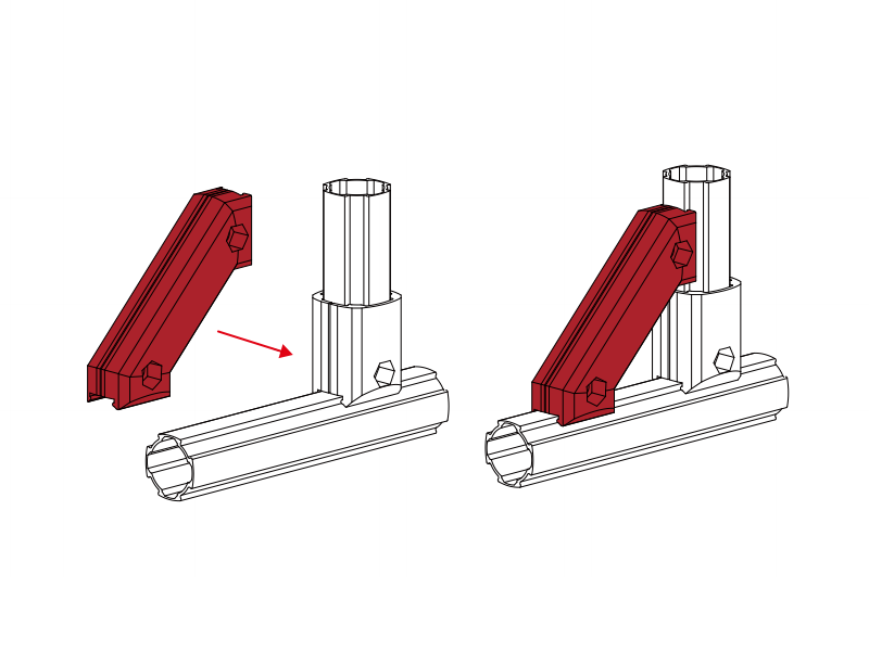 Assembly display of ARAS D28 double side 45° aluminum tube connector, installation demo for lean pipe modular frame connection