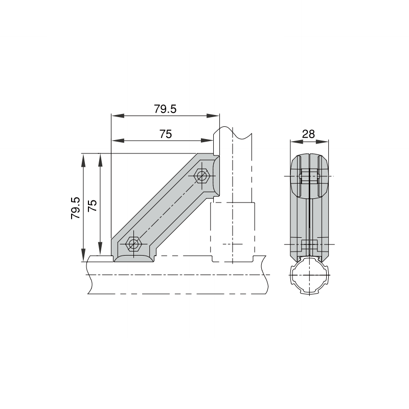 Dimension drawing of ARAS 45° Double Side Aluminum Lean Pipe Connector, technical size schematic for D28 lean tube joint