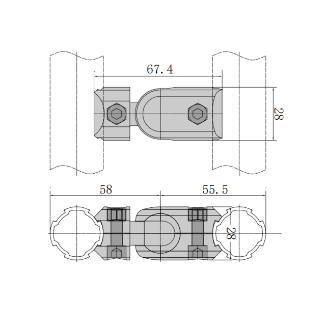 28mm Lean Pipe Vertical Connector dimension drawing for modular tube rack frame support and workstation structure assembly