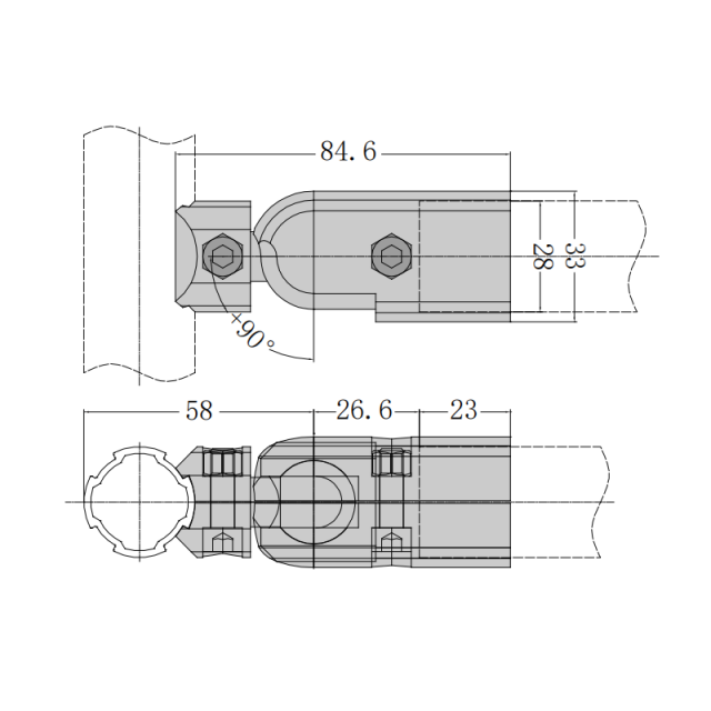 28mm Lean Tube Connector dimension drawing for pipe rack frame connection, vertical support mounting and modular workstation structure