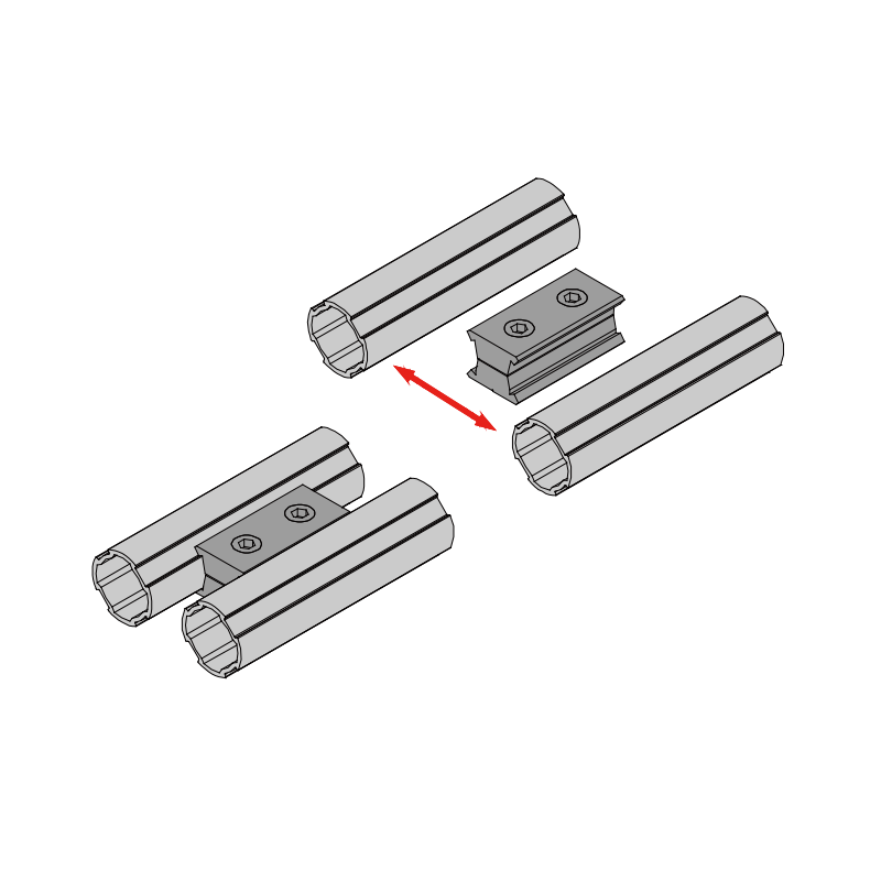 Lean Pipe Extension Connector assembly view for 28mm modular tube systems, workstations, carts and rack frame reinforcement