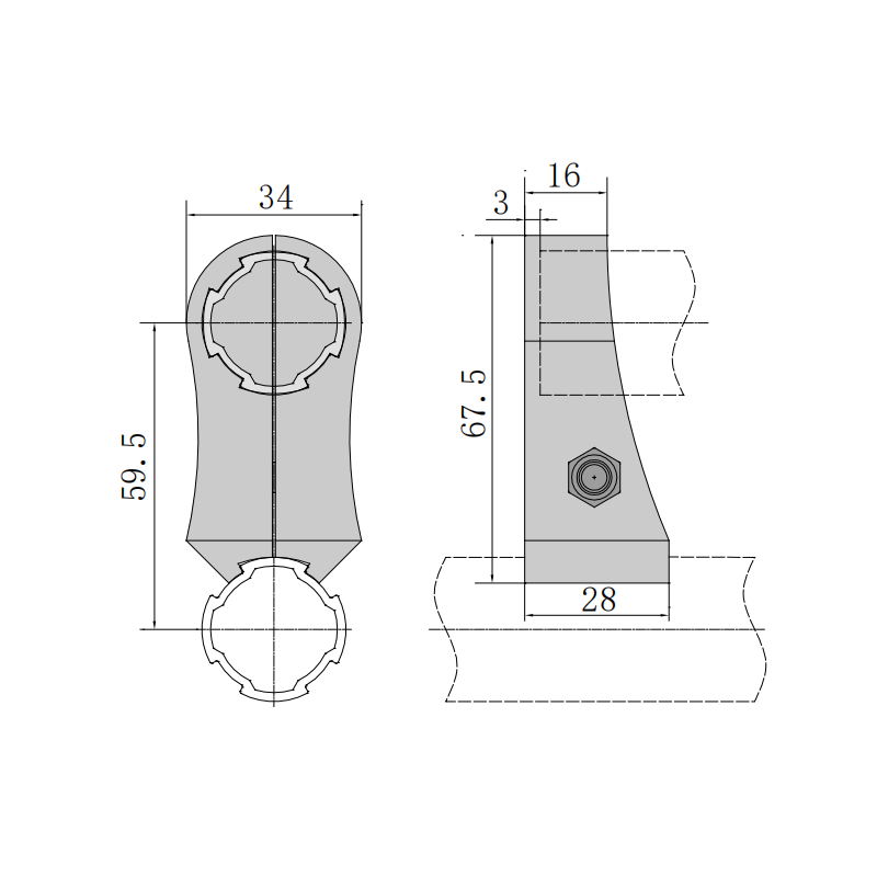 Split jaw slide connector installation and dimension drawing for 28mm lean tube handrail assembly