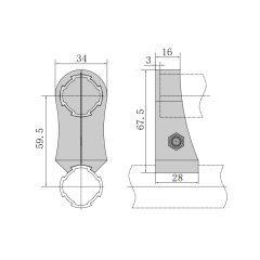 Split jaw slide connector installation and dimension drawing for 28mm lean tube handrail assembly