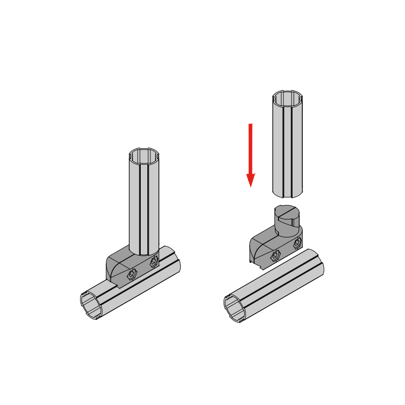 Lean pipe connector with higher fixed connection strength than 90 degree internal expansion joint for industrial pipe racking systems