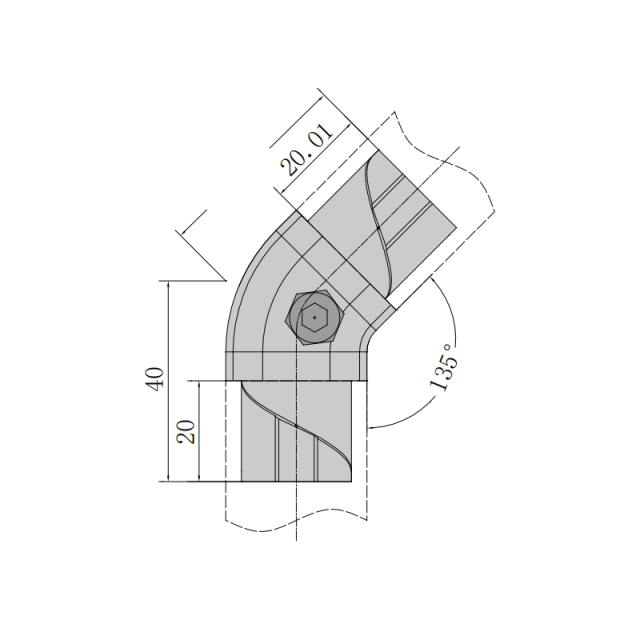 135 degree lean pipe connector technical drawing for joining two pipe ports, fixed angle tube connector for modular pipe rack systems