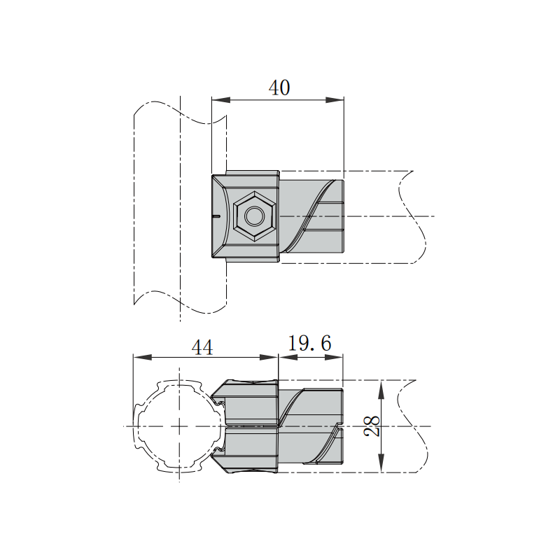 Semi built-in lean pipe connector technical drawing for modular pipe rack frame with flush appearance size